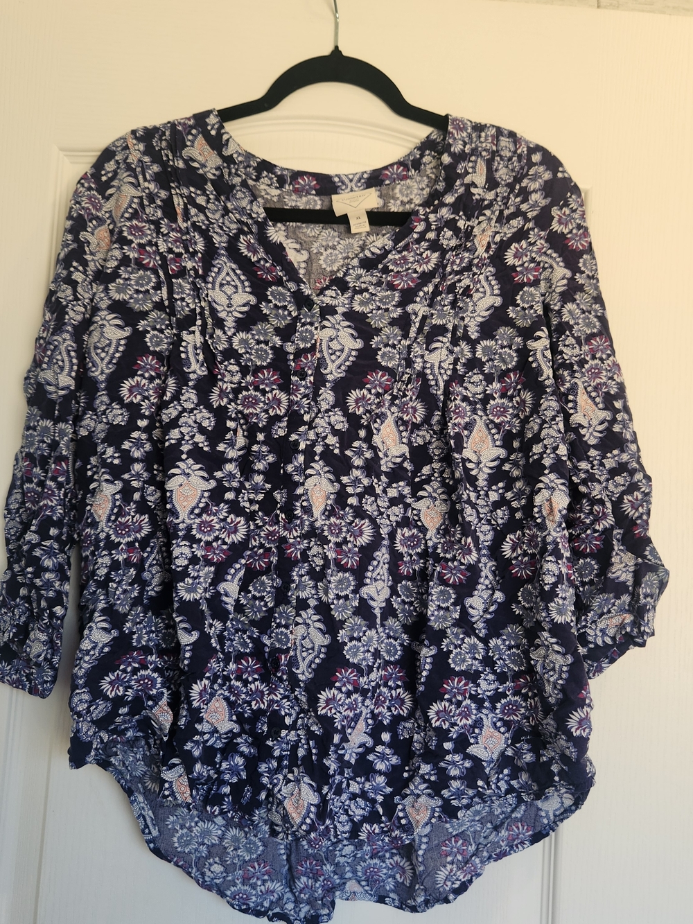 St. John's Bay Navy Floral Paisley V-Neck Blouse XL Euc